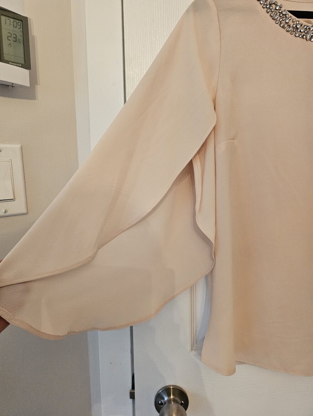Mandee Embellished Neck Ruffled Sleeve Blouse - Blush. Small - Picture 2 of 6
